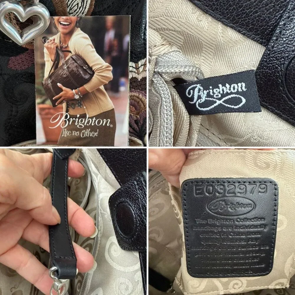 Brighton Valencia Black Leather Floral Embroidered Hobo Bag NWOT Heart Charm
